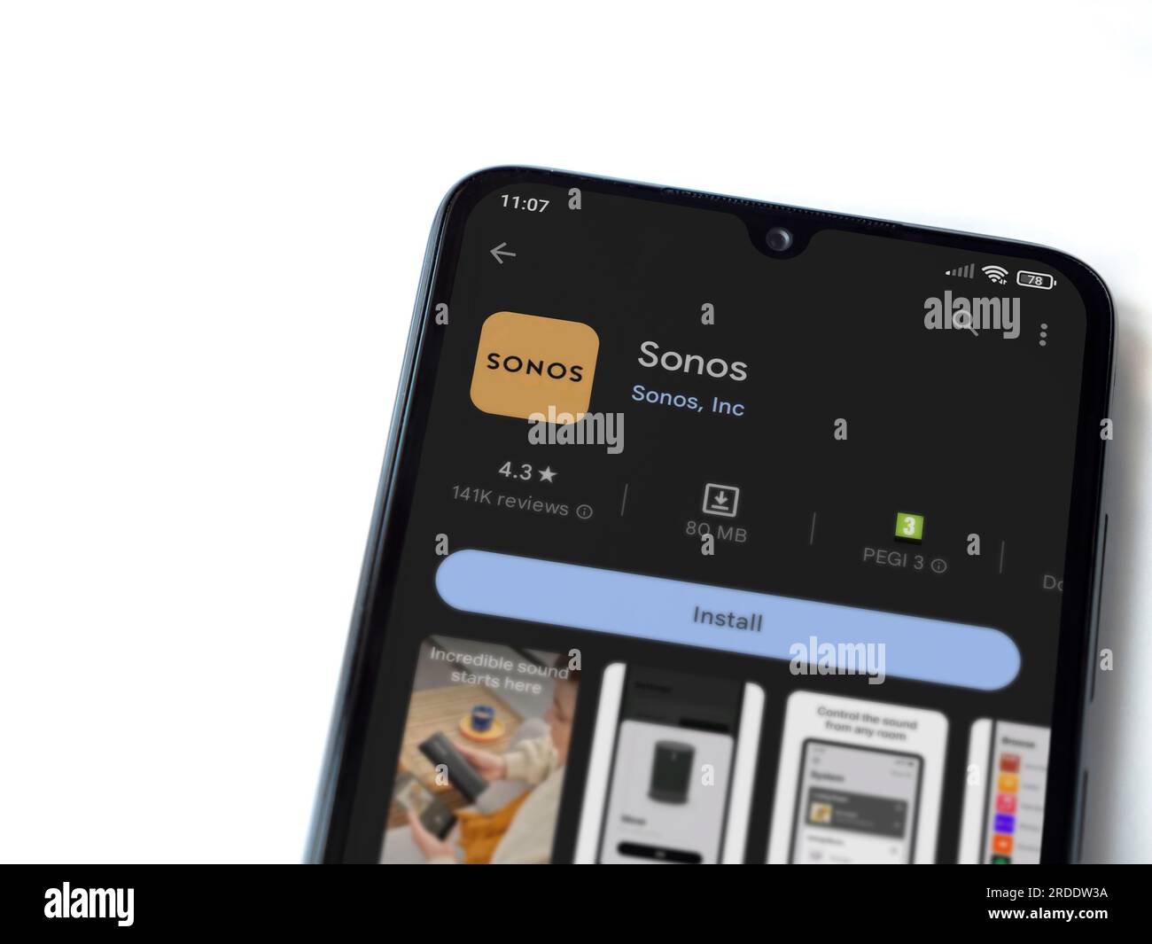 Lod, Israel - July 16,2023: Sonos app play store page on smartphone on  white background. Top view flat lay with copy space Stock Photo - Alamy