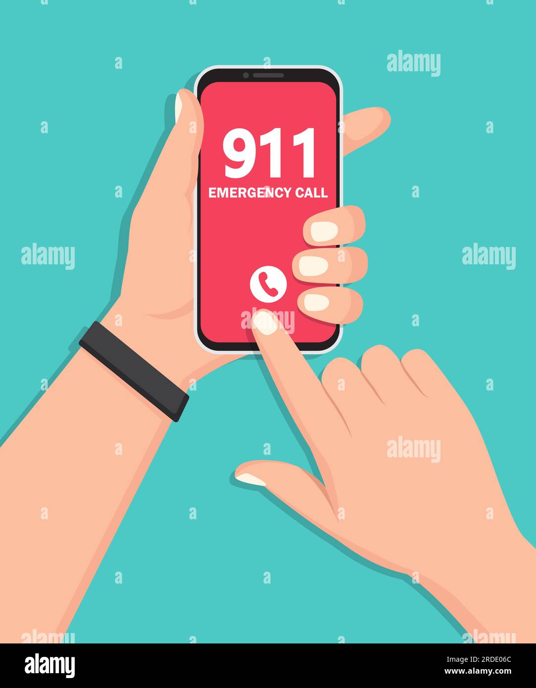 Hand holding smartphone with emergency number 911 on screen in a flat ...