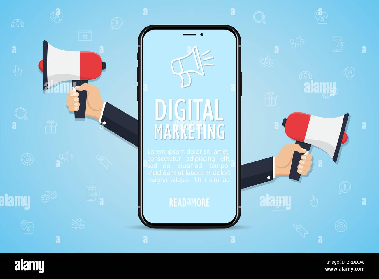 Digital marketing concept. Smartphone with hands holding a megaphone