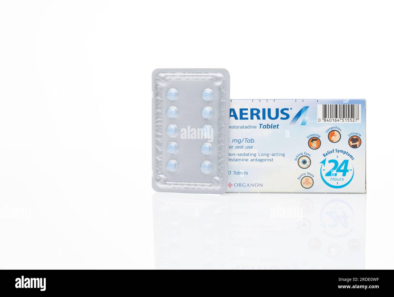 CHONBURI, THAILAND-MAY 3, 2023: Aerius with packaging on white. Desloratadine tablets pill. Product of Organon. Antihistamine medicine for relieve Stock Photo