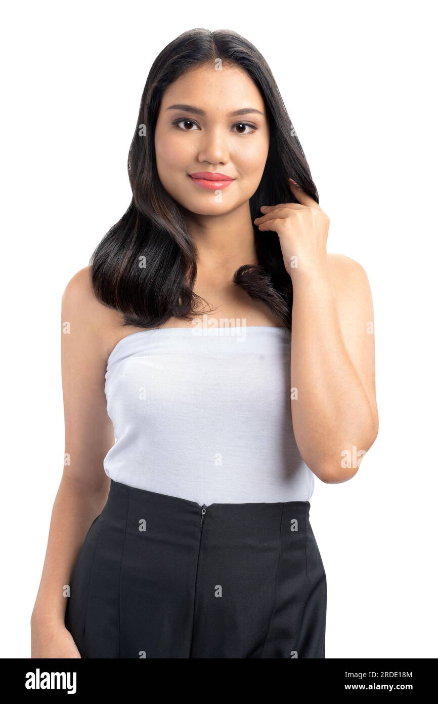 Portrait of an Asian beautiful woman with long hair isolated over white ...