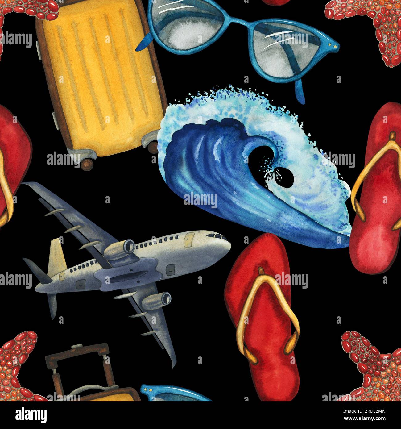 Travel watercolor seamless pattern with airplane, suitcase, flip-flops, sunglasses, wave, sea star hand drawn isolated on black. For print, wrapping Stock Photo