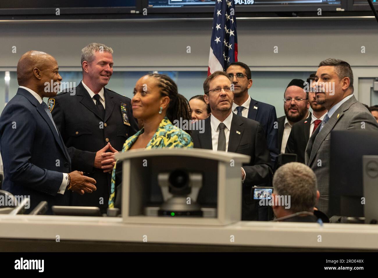 Mayor Eric Adams, Isaac Herzog, Edward Caban seen during visit by President of Israel Isaac Herzog Joint Operation Center at Police Headquarters in New York on July 20, 2023 Stock Photo