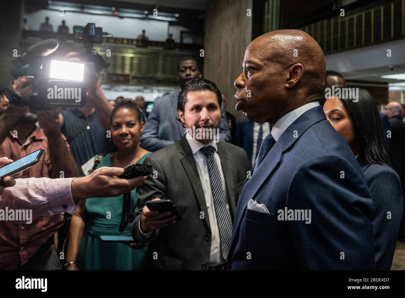 Mayor Eric Adams speaks with press on the visit by President of Israel Isaac Herzog to Police Headquarters in New York on July 20, 2023 Stock Photo