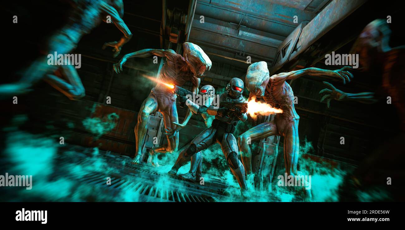 scifi space marines in spacesuits battle hordes of alien monsters Stock Photo