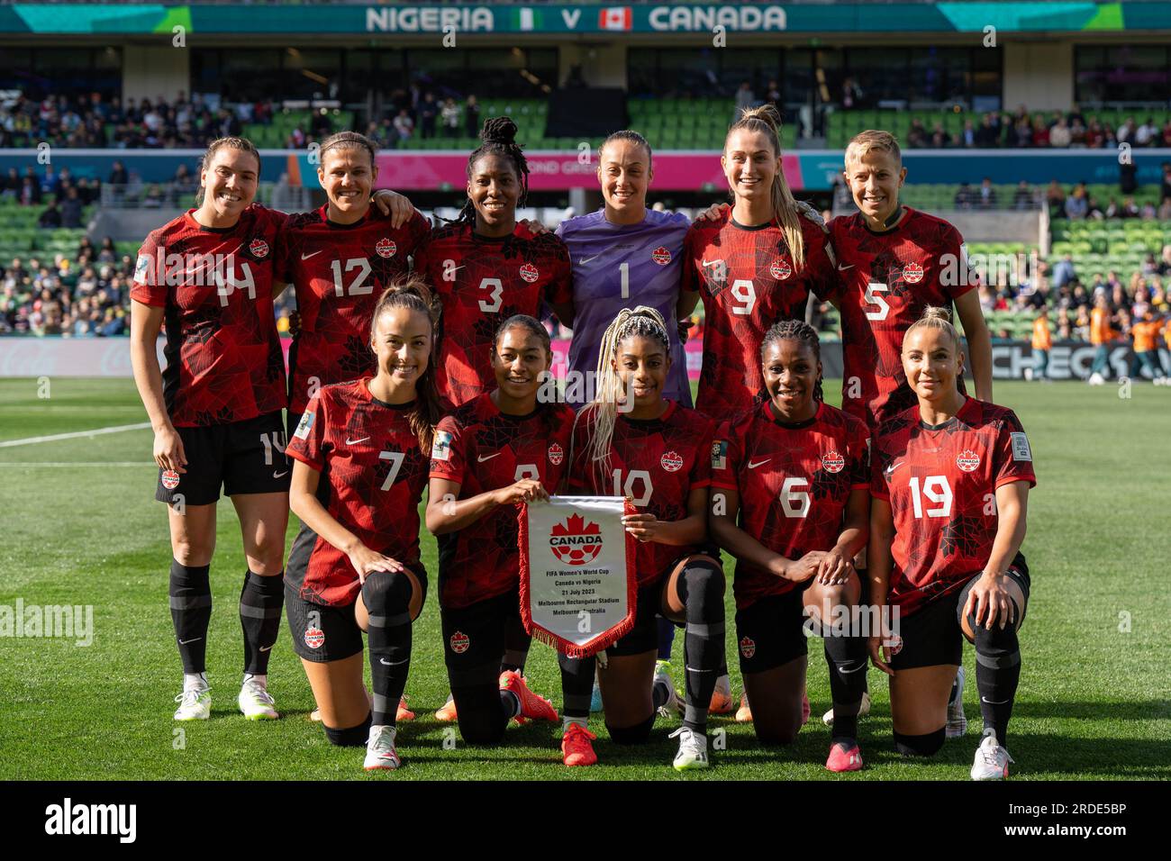 Melbourne, Australia. 21st July, 2023. Melbourne, Australia, July 21st 2023: Canada's Starting XI pose for the team photo during the 2023 FIFA Womens World Cup football match between Nigeria and Canada at Melbourne Rectangular Stadium in Melbourne, Australia. (Noe Llamas/SPP) Credit: SPP Sport Press Photo. /Alamy Live News Stock Photo