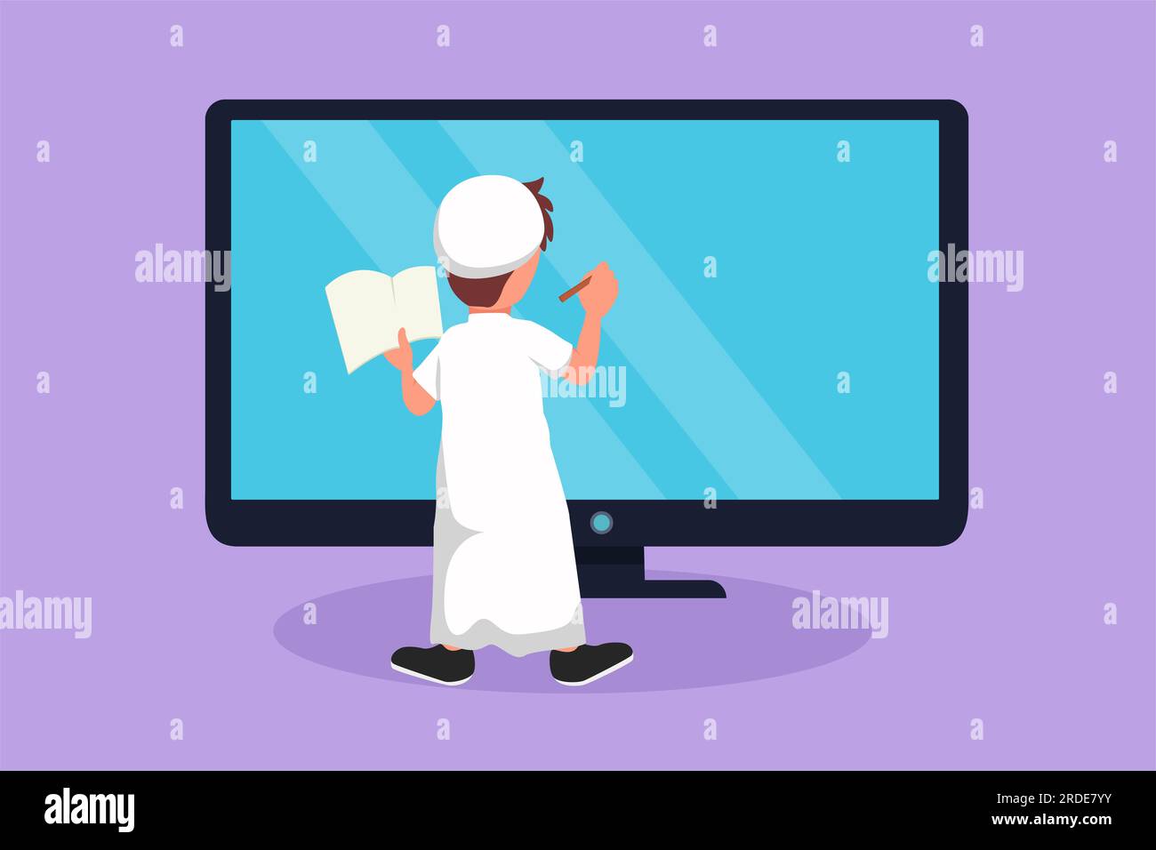 Cartoon flat style drawing back view of Arab pre schooler boy student