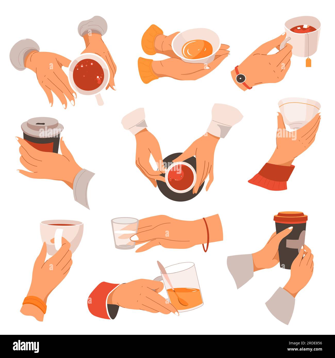 Hands holding coffee and tea in cups and plastic mugs to go. Isolated ...