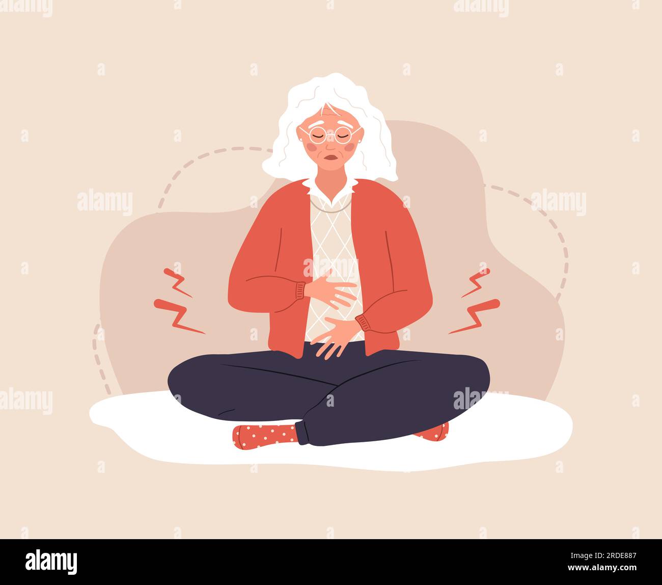 Menopause concept. Sad elderly woman with female problems. Abdominal