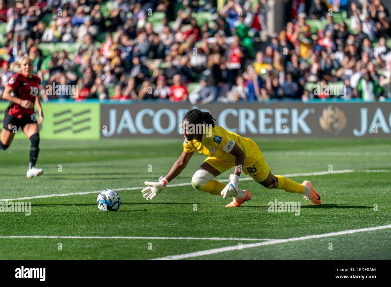 Melbourne, Australia. 21st July, 2023. Melbourne, Australia, July 21st 2023: Goalkeeper Chiamaka Nnadozie (16 Nigeria) saves a penalty during the 2023 FIFA Womens World Cup football match between Nigeria and Canada at Melbourne Rectangular Stadium in Melbourne, Australia. (Noe Llamas/SPP) Credit: SPP Sport Press Photo. /Alamy Live News Stock Photo