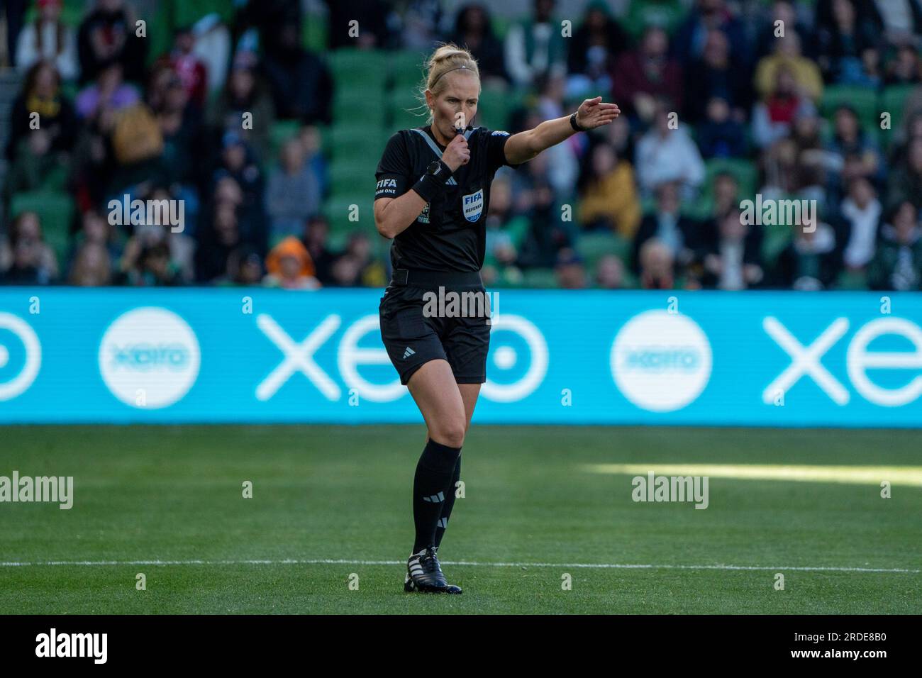 Melbourne, Australia. 21st July, 2023. Melbourne, Australia, July 21st 2023: Referee Lina Lehtovaara signals a penalty during the 2023 FIFA Womens World Cup football match between Nigeria and Canada at Melbourne Rectangular Stadium in Melbourne, Australia. (Noe Llamas/SPP) Credit: SPP Sport Press Photo. /Alamy Live News Stock Photo
