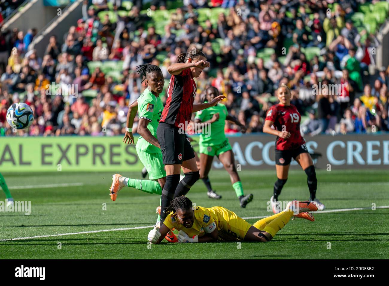 Melbourne, Australia. 21st July, 2023. Melbourne, Australia, July 21st 2023: Goalkeeper Chiamaka Nnadozie (16 Nigeria) is fouled by Christine Sinclair (12 Canada) during the 2023 FIFA Womens World Cup football match between Nigeria and Canada at Melbourne Rectangular Stadium in Melbourne, Australia. (Noe Llamas/SPP) Credit: SPP Sport Press Photo. /Alamy Live News Stock Photo