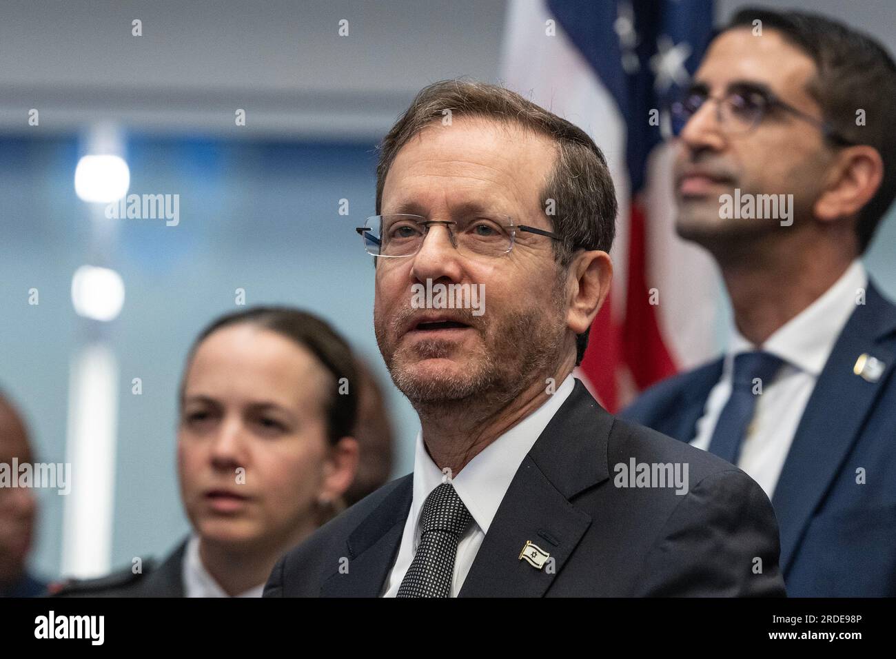 New York, United States. 20th July, 2023. President of Israel Isaac Herzog visits Joint Operation Center at Police Headquarters in New York. (Photo by Lev Radin/Pacific Press) Credit: Pacific Press Media Production Corp./Alamy Live News Stock Photo