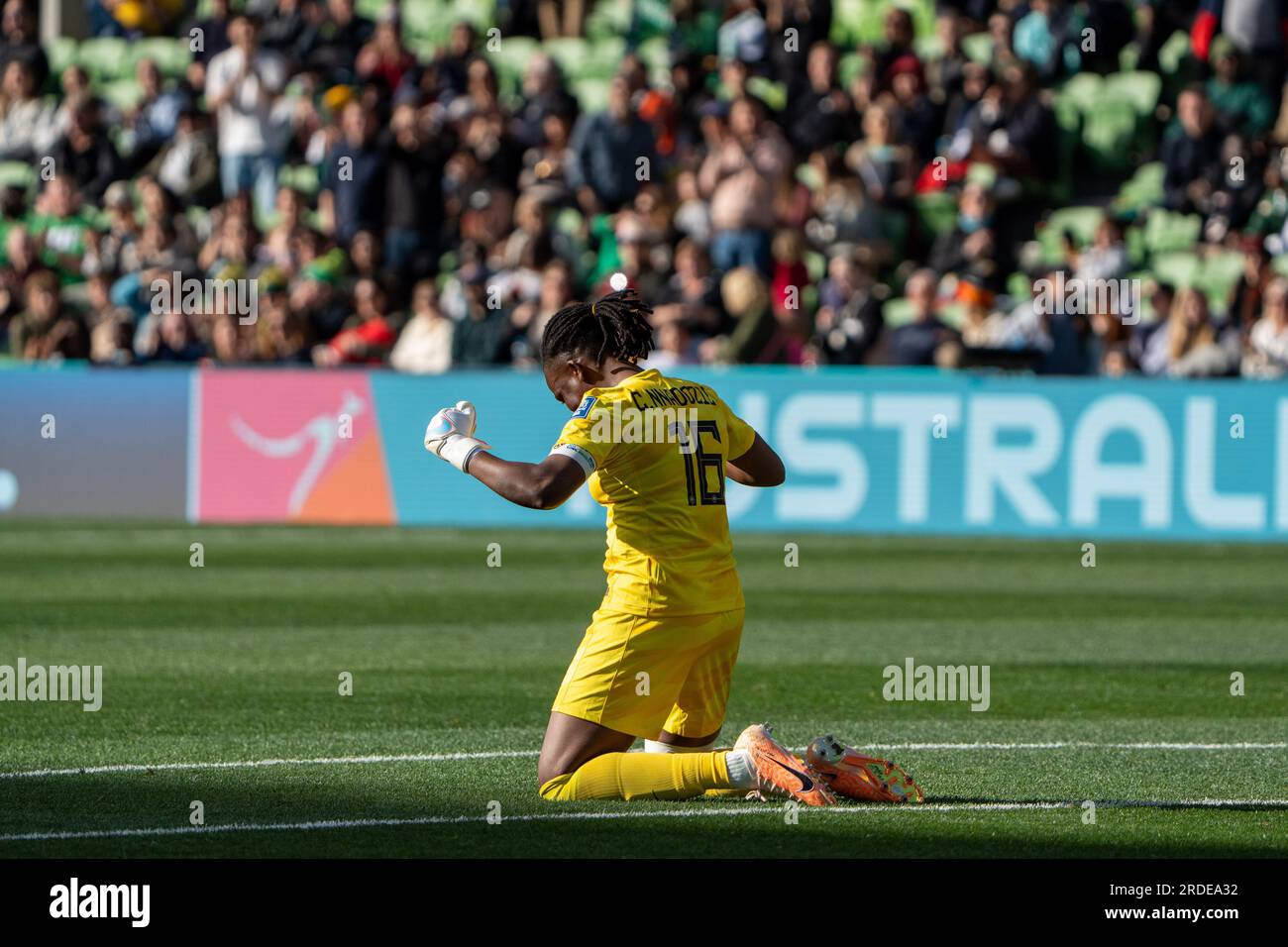 Melbourne, Australia. 21st July, 2023. Melbourne, Australia, July 21st 2023: Goalkeeper Chiamaka Nnadozie (16 Nigeria) celebrates the result after the 2023 FIFA Womens World Cup football match between Nigeria and Canada at Melbourne Rectangular Stadium in Melbourne, Australia. (Noe Llamas/SPP) Credit: SPP Sport Press Photo. /Alamy Live News Stock Photo