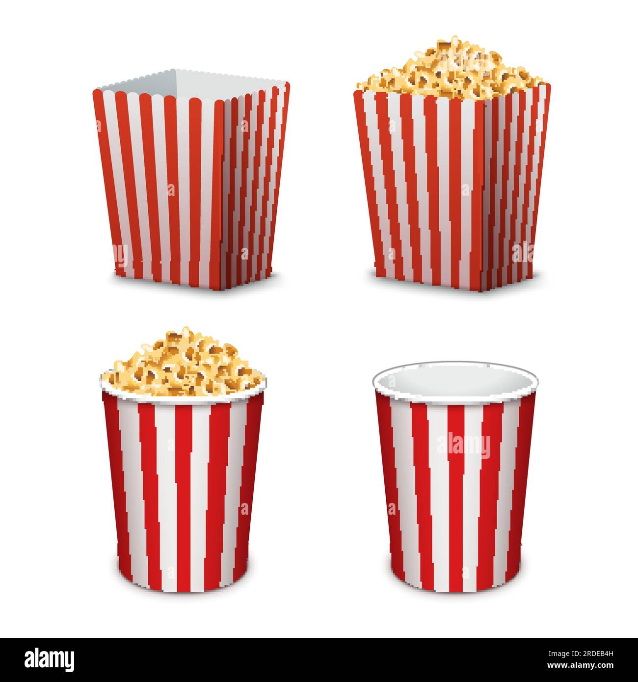 Popcorn bucket isolated. Full and empty pop corn box for cinema