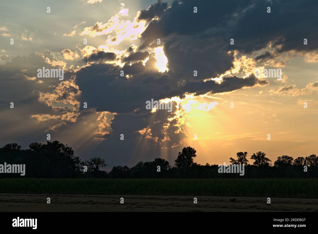 Beautyful Sunset with view on unusual clouds. Photo was taken in Munich during harvest on Würmkanal (Regattastrecke) Stock Photo