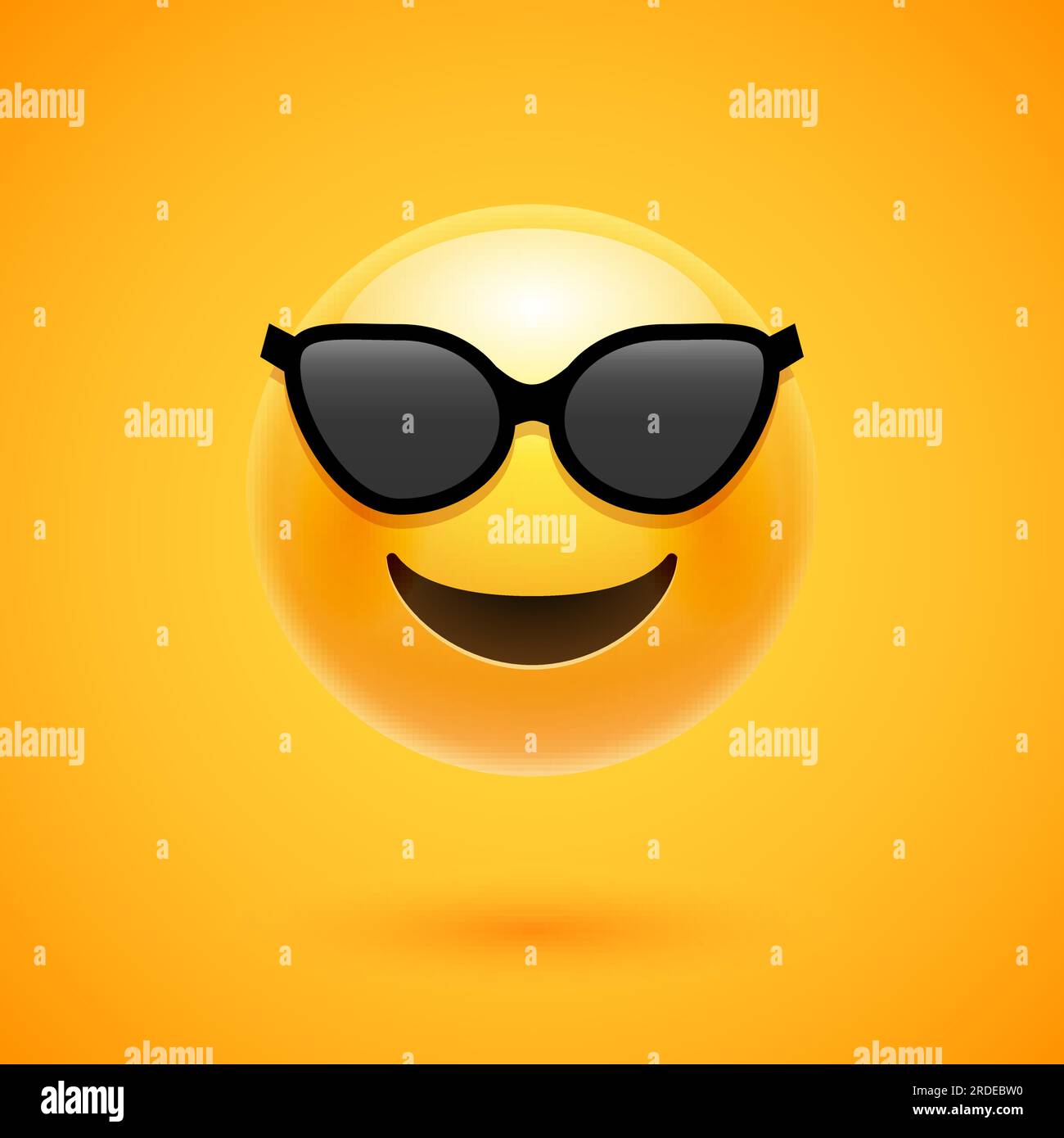 Happy emoji smile in sunglass. Yellow round emoticon cartoon character