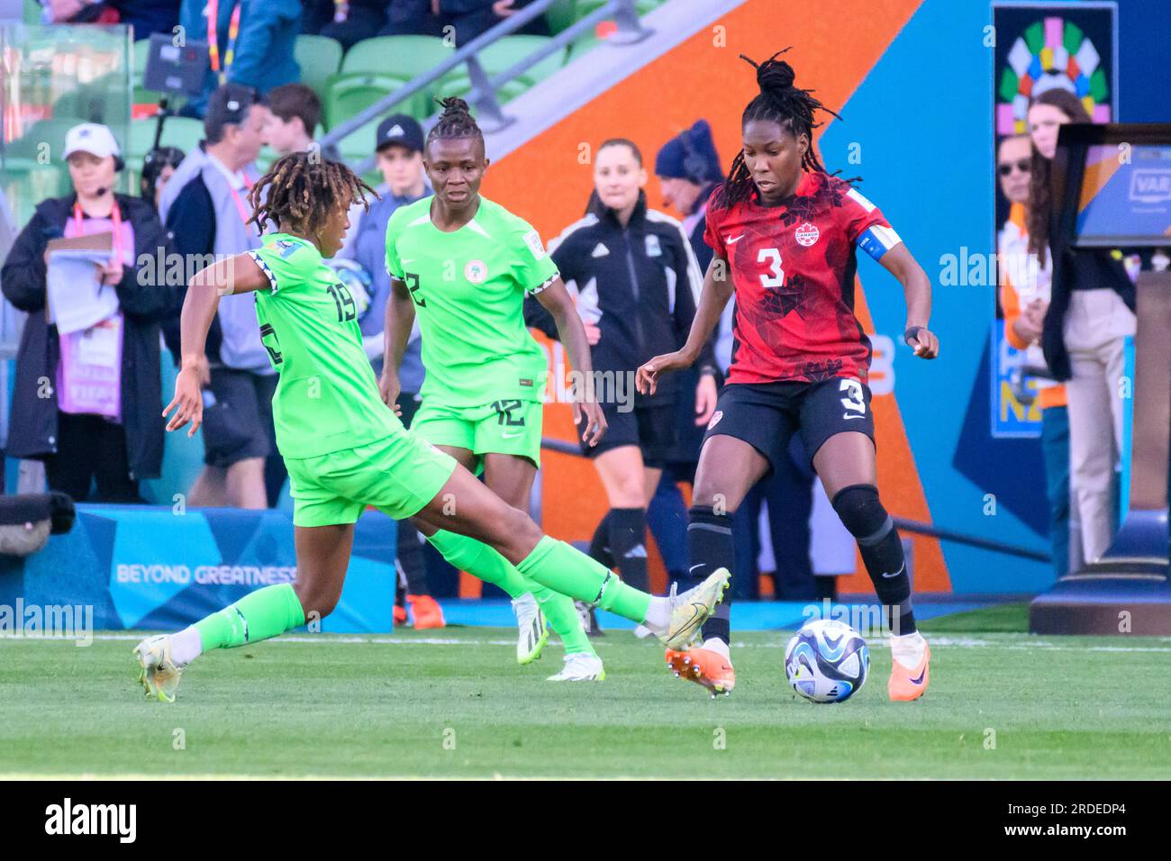 Melbourne, Australia. 21st July, 2023. Jennifer Echegini and Kadeisha Buchanan during the FIFA Women's World Cup 2023 match between Nigeria Women and Canada Women at Melbourne Rectangular Stadium, Melbourne, Australia on 21 July 2023. Photo by Richard Nicholson. Editorial use only, license required for commercial use. No use in betting, games or a single club/league/player publications. Credit: UK Sports Pics Ltd/Alamy Live News Stock Photo