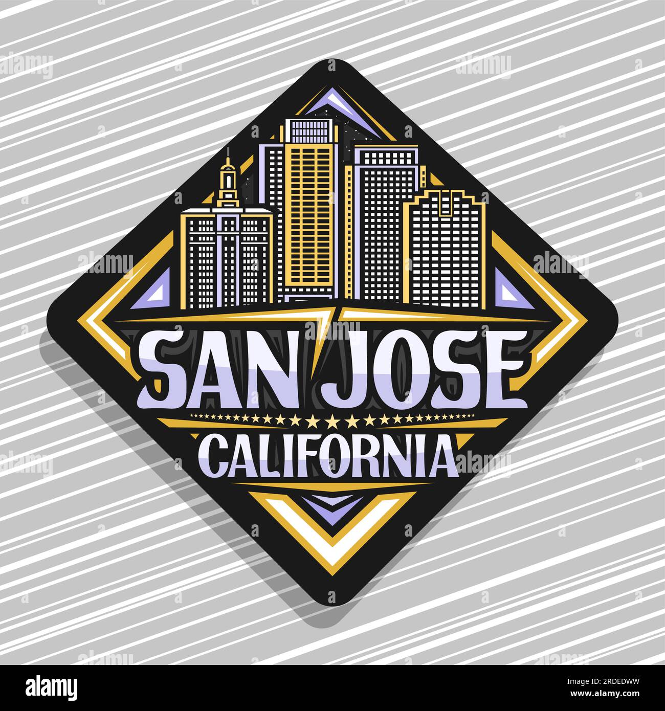 Vector logo for San Jose, black rhombus road sign with line illustration of famous modern californian city scape on dusk sky background, decorative re Stock Vector