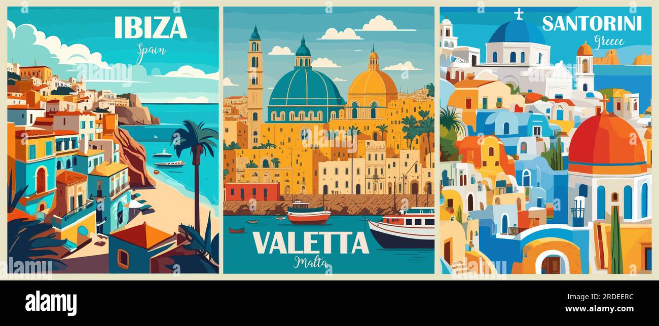 Set of Travel Destination Posters in retro style. Stock Vector