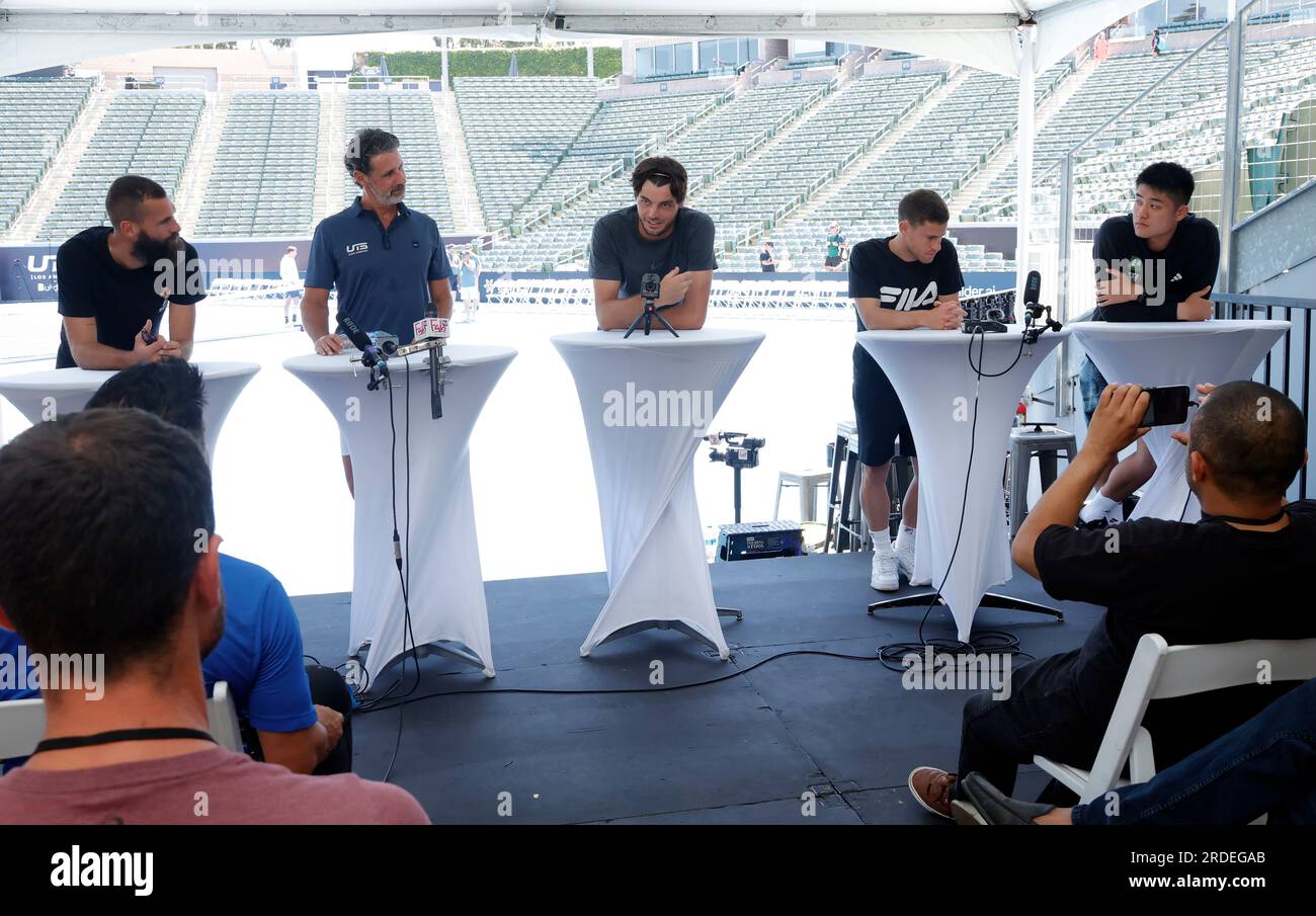 20 July 2023 Carson, California - Benoit Paire, Patrick Mouratoglou, Taylor Fritz, Diego Schwartzman, Yibing Wu..The Ultimate Tennis Showdown Press Conference held at the Dignity Health Sports Park in Carson. Stock Photo