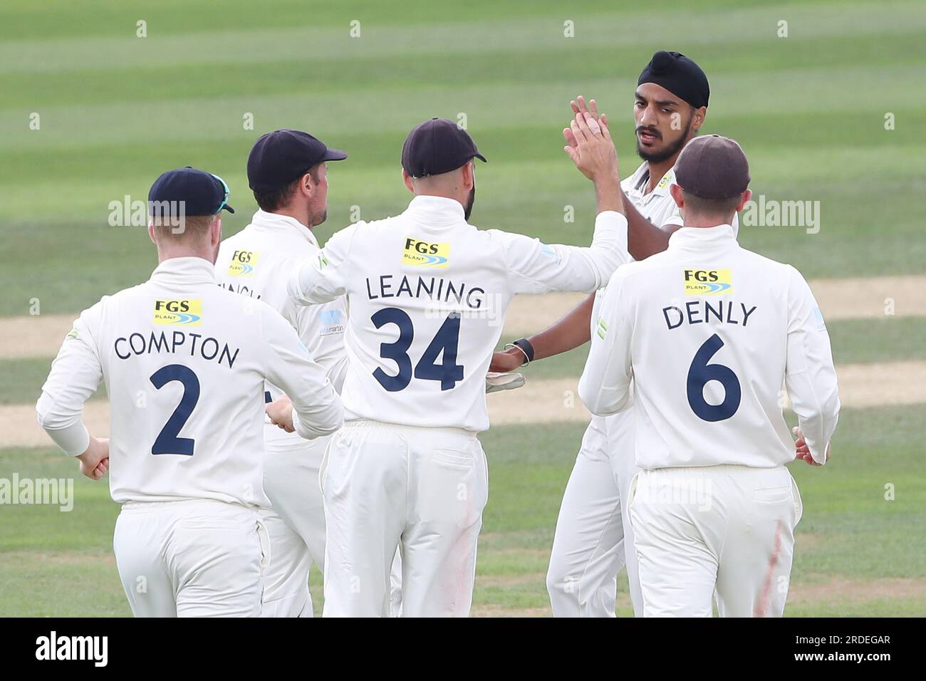 Arshdeep Singh of Kent celebrates with his team mates after taking the wicket of Robin Das during Essex CCC vs Kent CCC, LV Insurance County Champions Stock Photo
