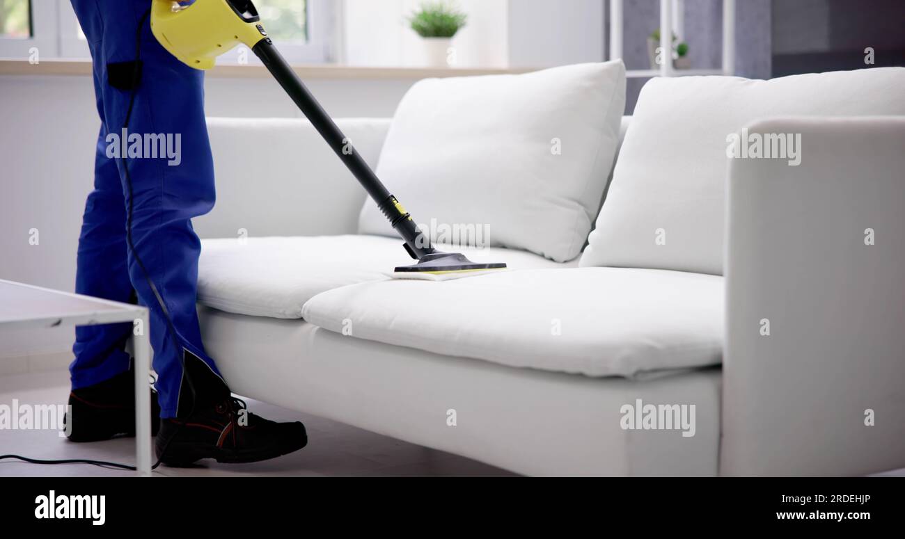 Sofa Steam Cleaner Service. Professional Worker Cleanup Stock Photo - Alamy