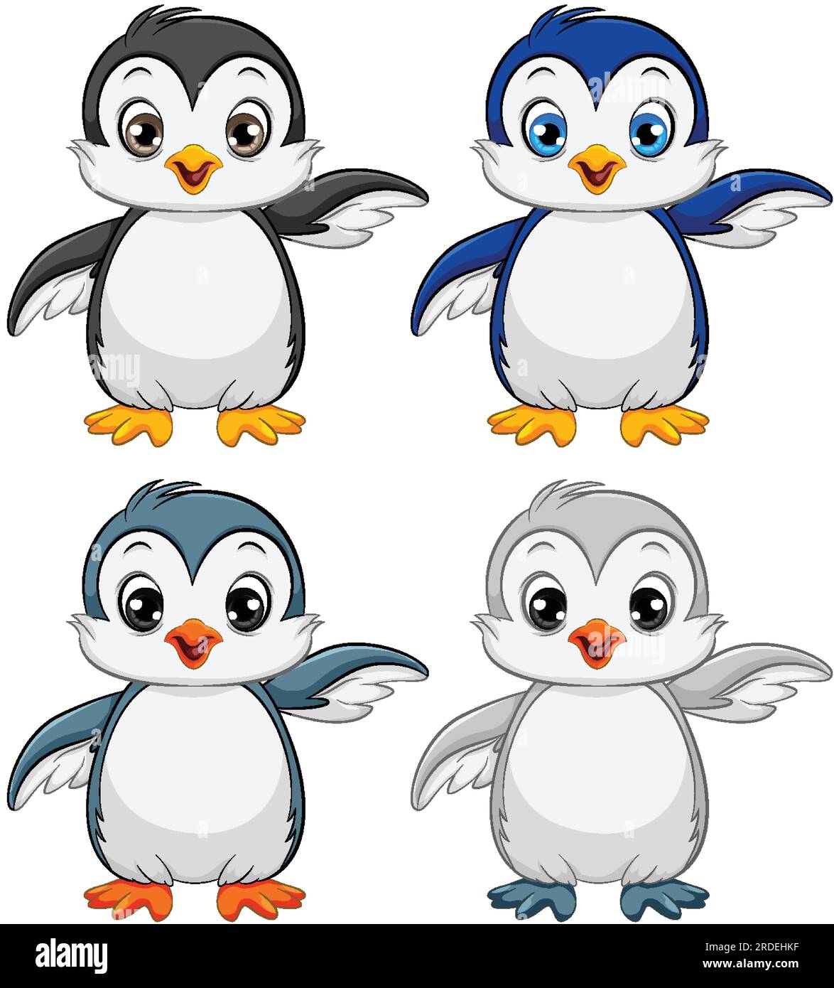 Four cartoon baby penguins are greeting with one wing open, isolated on
