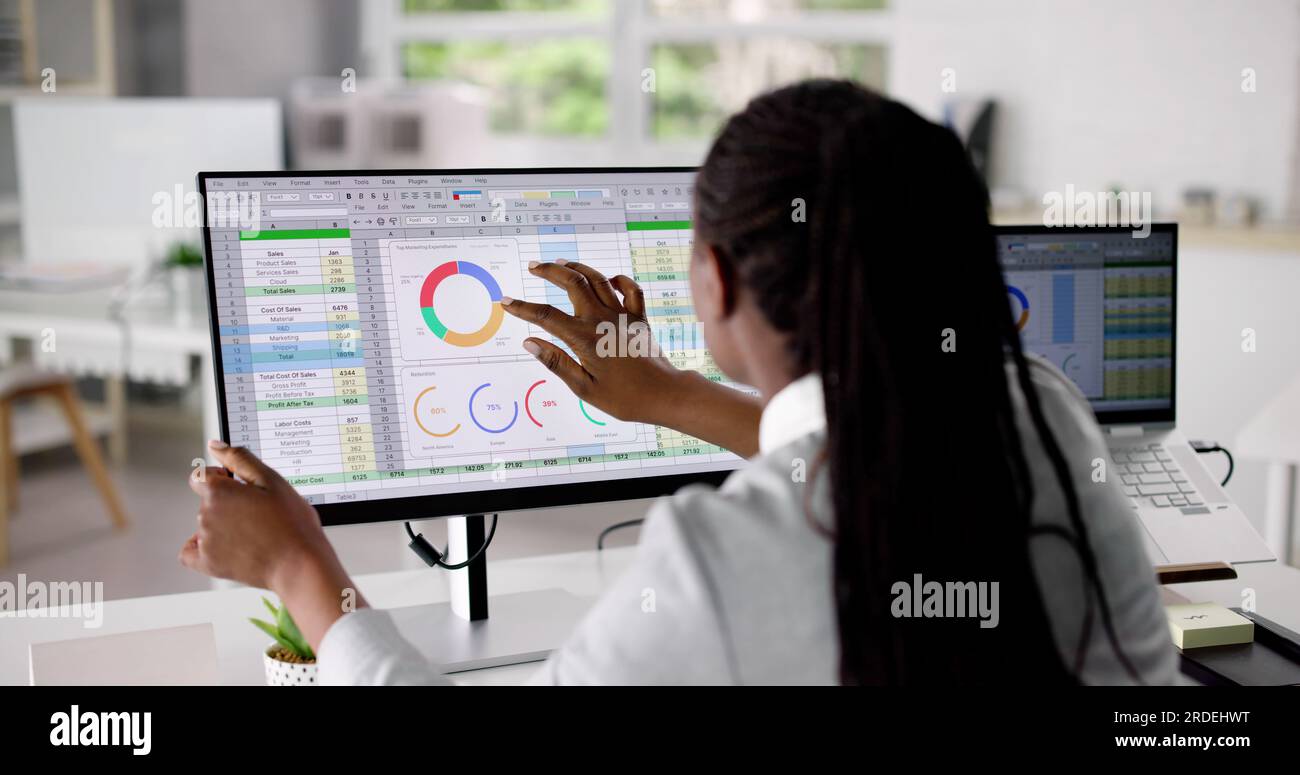 Analyst Working With Spreadsheet Business Data On Computer Stock Photo