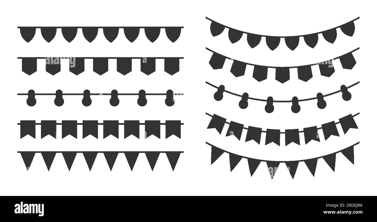 Paper bunting garland carnival with flag black silhouette set. Lanterns triangle flag ribbon stencil print template seamless pattern brush decorative pennant holiday party festival sticker isolated Stock Vector