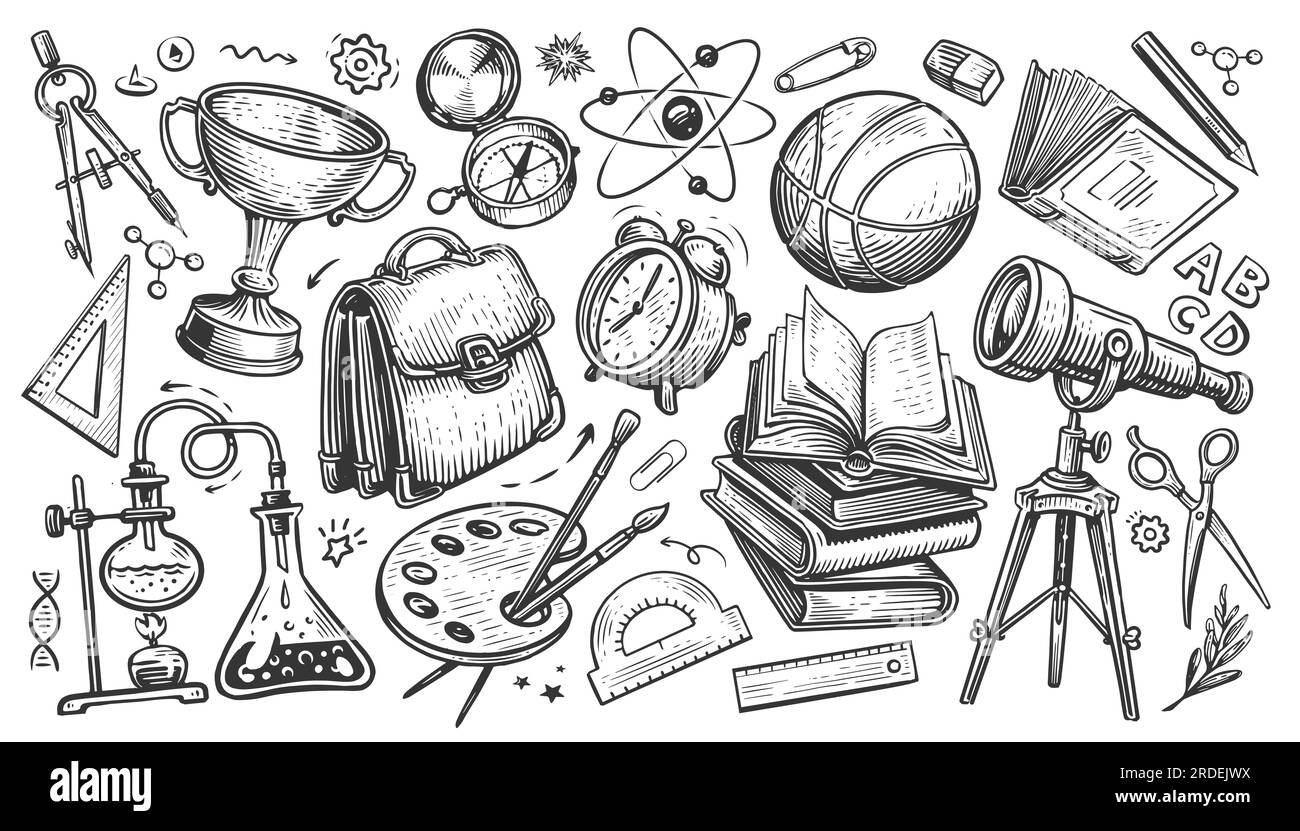 School concept. Collection of education items. Hand drawn sketch doodle illustration Stock Photo