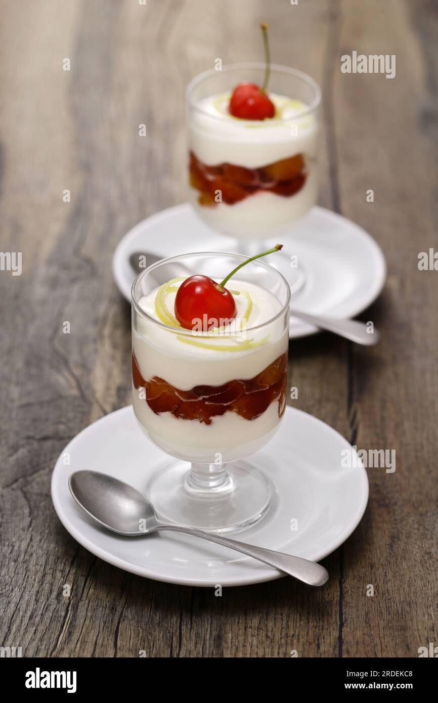 Cherry Lemon Syllabub, English Whipped Cream Dessert Stock Photo