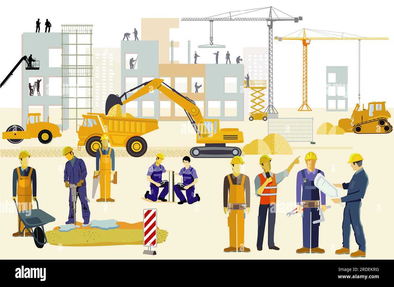 Construction site with architects, construction machines and heavy ...