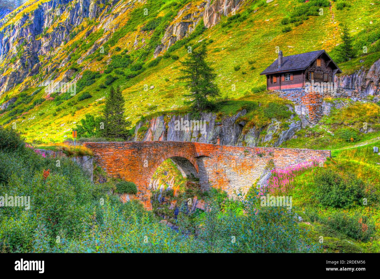 Old stone bridge over the Aegene, Ladstaffel, Nufenenpass, Griesspass, Ulrichen, Canton Valais Switzerland, HDR image Stock Photo