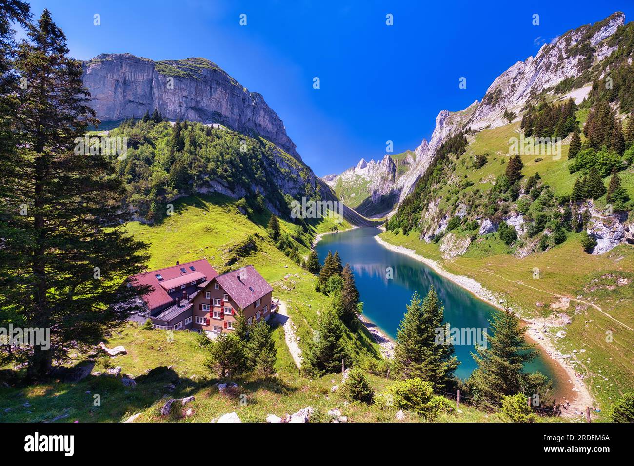 Faehlensee with Bollenwees mountain inn in Alpstein, Appenzell Alps, Canton Appenzell Innerrhoden, SwitzerlandBollenwees mountain inn Stock Photo