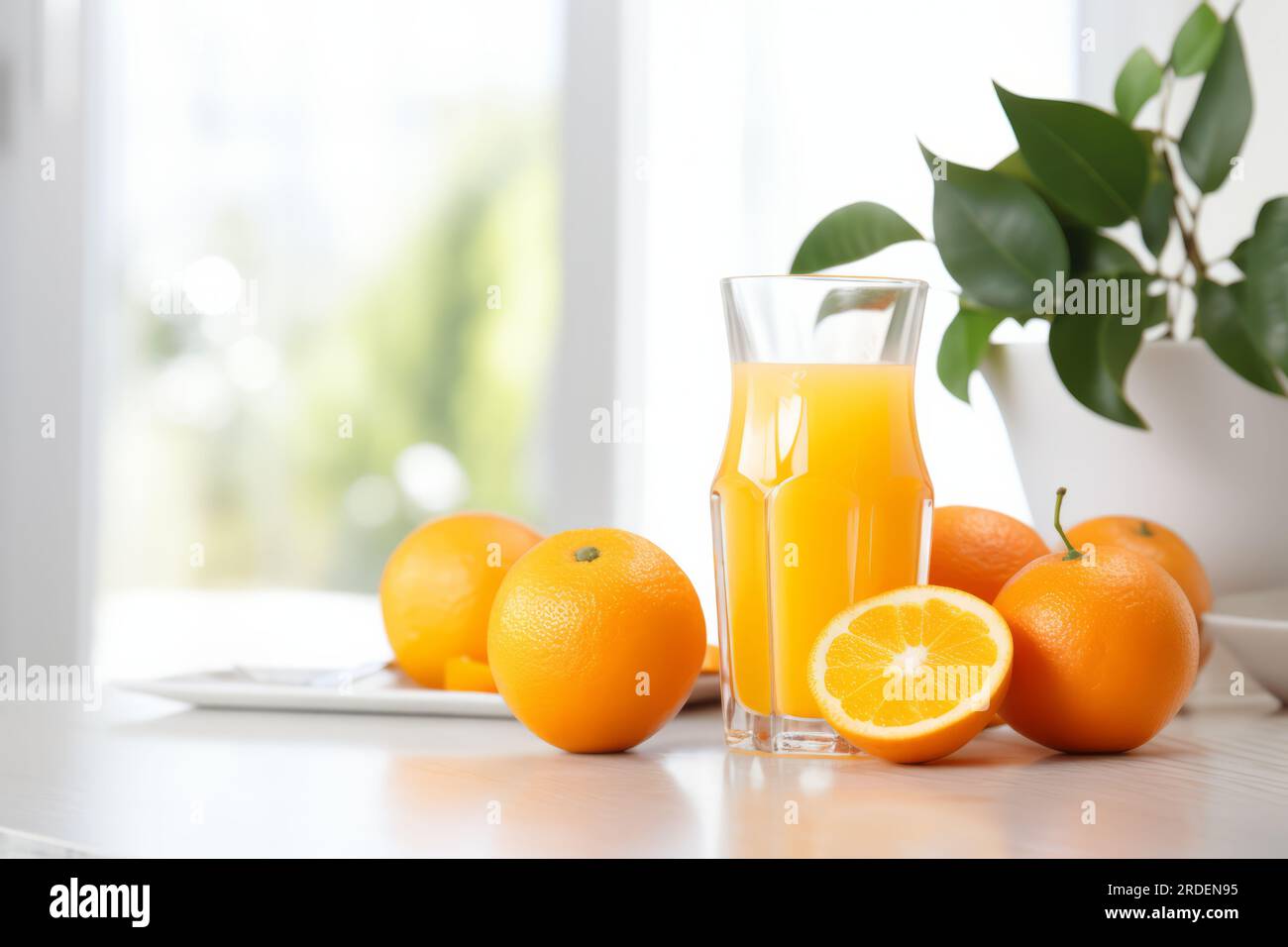 a glass of orange juice next to fresh oranges in a kitchen. Blurred ...