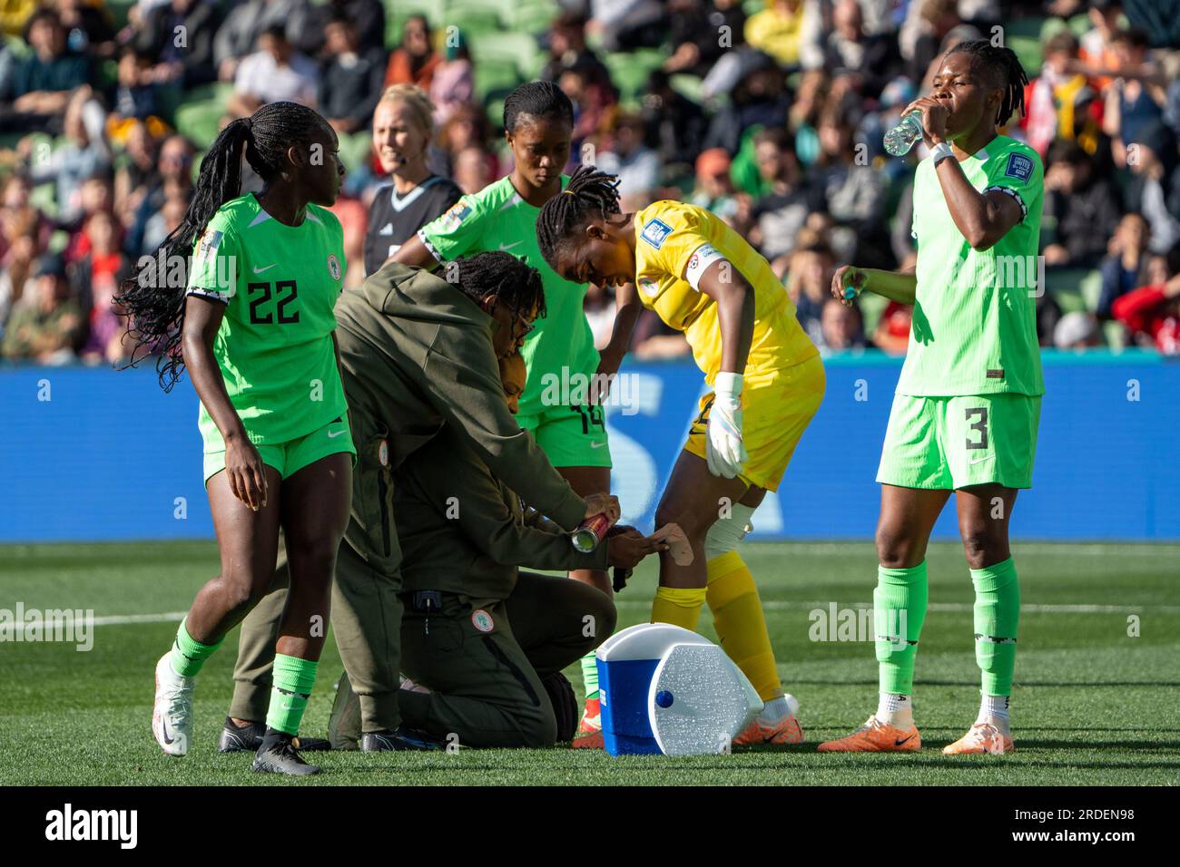 Melbourne, Australia. 21st July, 2023. Melbourne, Australia, July 21st 2023: The medical team checks on goalkeeper Chiamaka Nnadozie (16 Nigeria) during the 2023 FIFA Womens World Cup football match between Nigeria and Canada at Melbourne Rectangular Stadium in Melbourne, Australia. (Noe Llamas/SPP) Credit: SPP Sport Press Photo. /Alamy Live News Stock Photo