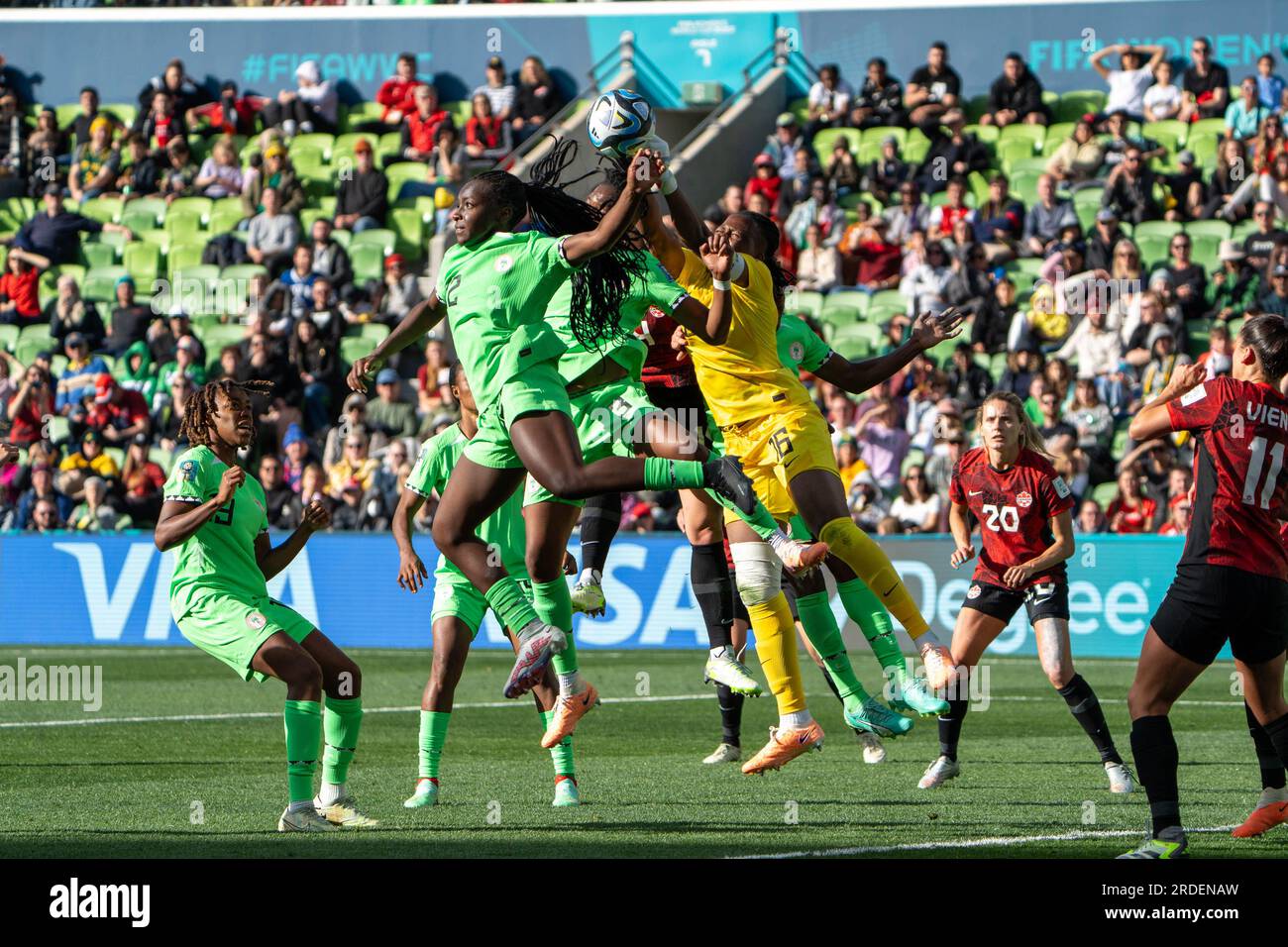 Melbourne, Australia. 21st July, 2023. Melbourne, Australia, July 21st 2023: Goalkeeper Chiamaka Nnadozie (16 Nigeria) punches the ball in traffic during the 2023 FIFA Womens World Cup football match between Nigeria and Canada at Melbourne Rectangular Stadium in Melbourne, Australia. (Noe Llamas/SPP) Credit: SPP Sport Press Photo. /Alamy Live News Stock Photo