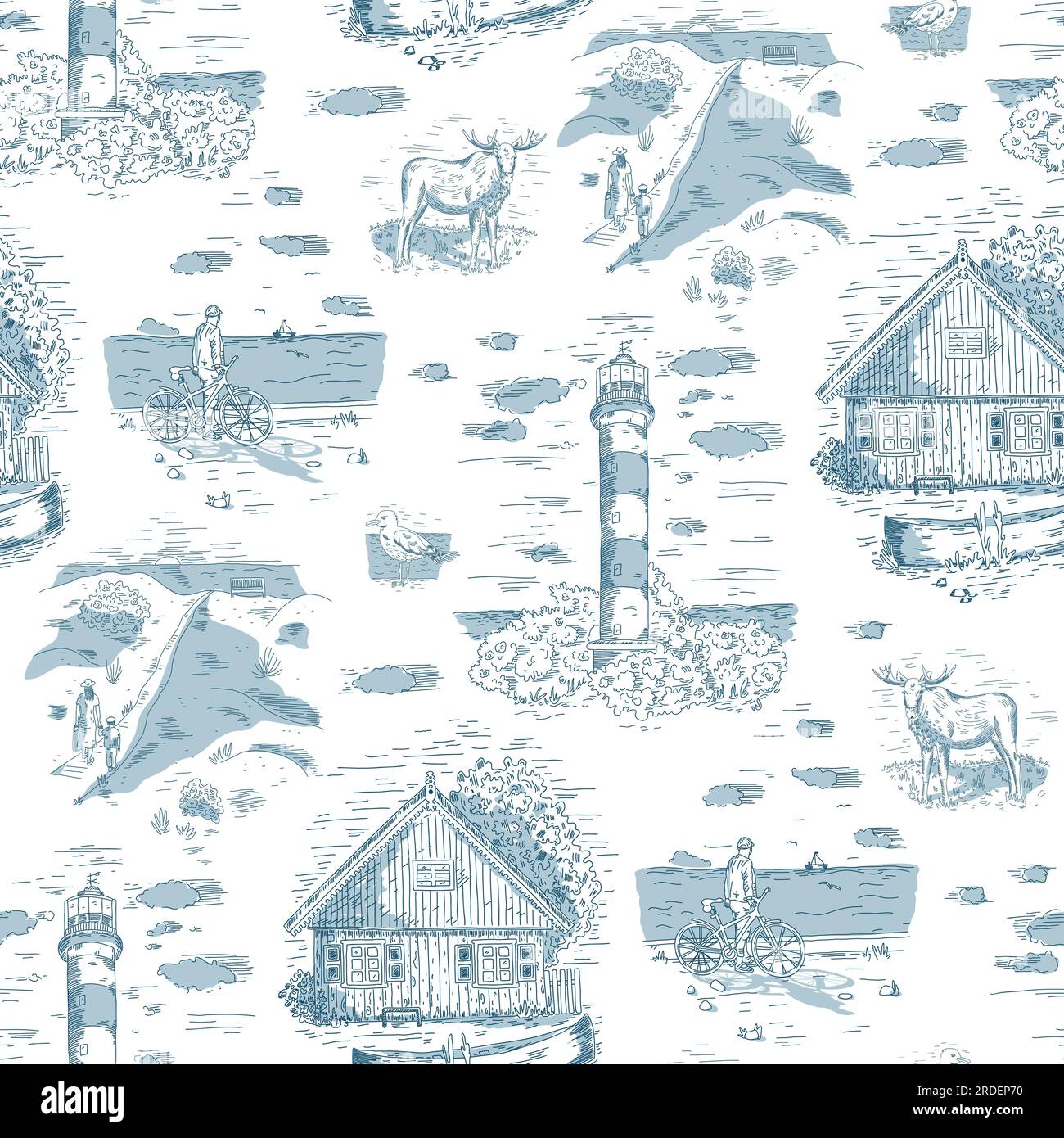 Toile de Jouy seamless pattern in blue colour. Small village by the sea compositions.  Stock Vector