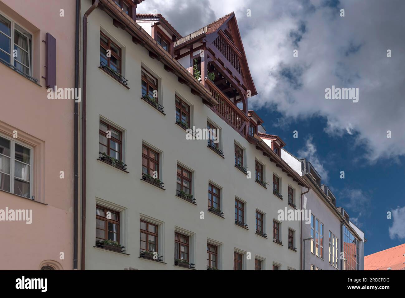 Historic residential and commercial building with dormer window, Hintere Ledergasse 43, Nuremberg, Middle Franconia, Bavaria, Germany Stock Photo