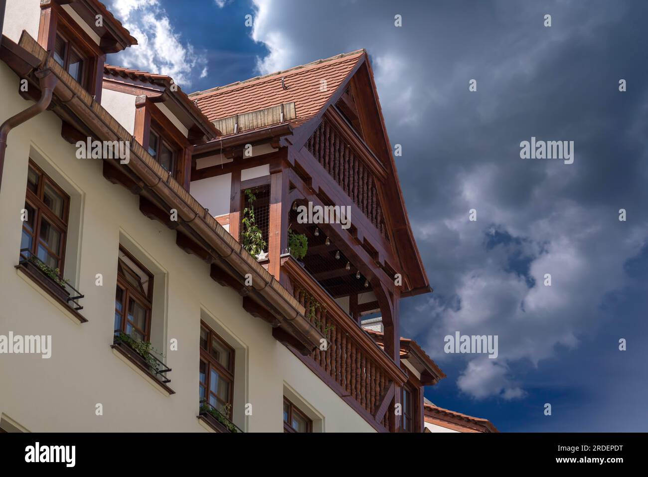 Dormer window on a historic residential and commercial building, Hintere Ledergasse 43, Nuremberg, Middle Franconia, Bavaria, Germany Stock Photo