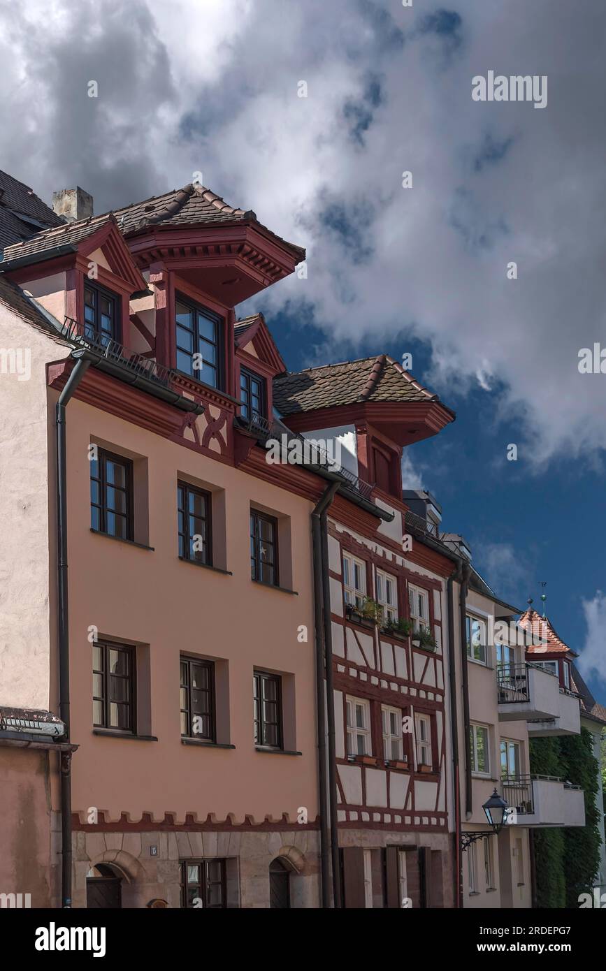 Historic roof lift bay windows, Geiersberg 15 and 17, Nuremberg, Middle Franconia, Bavaria, Germany Stock Photo