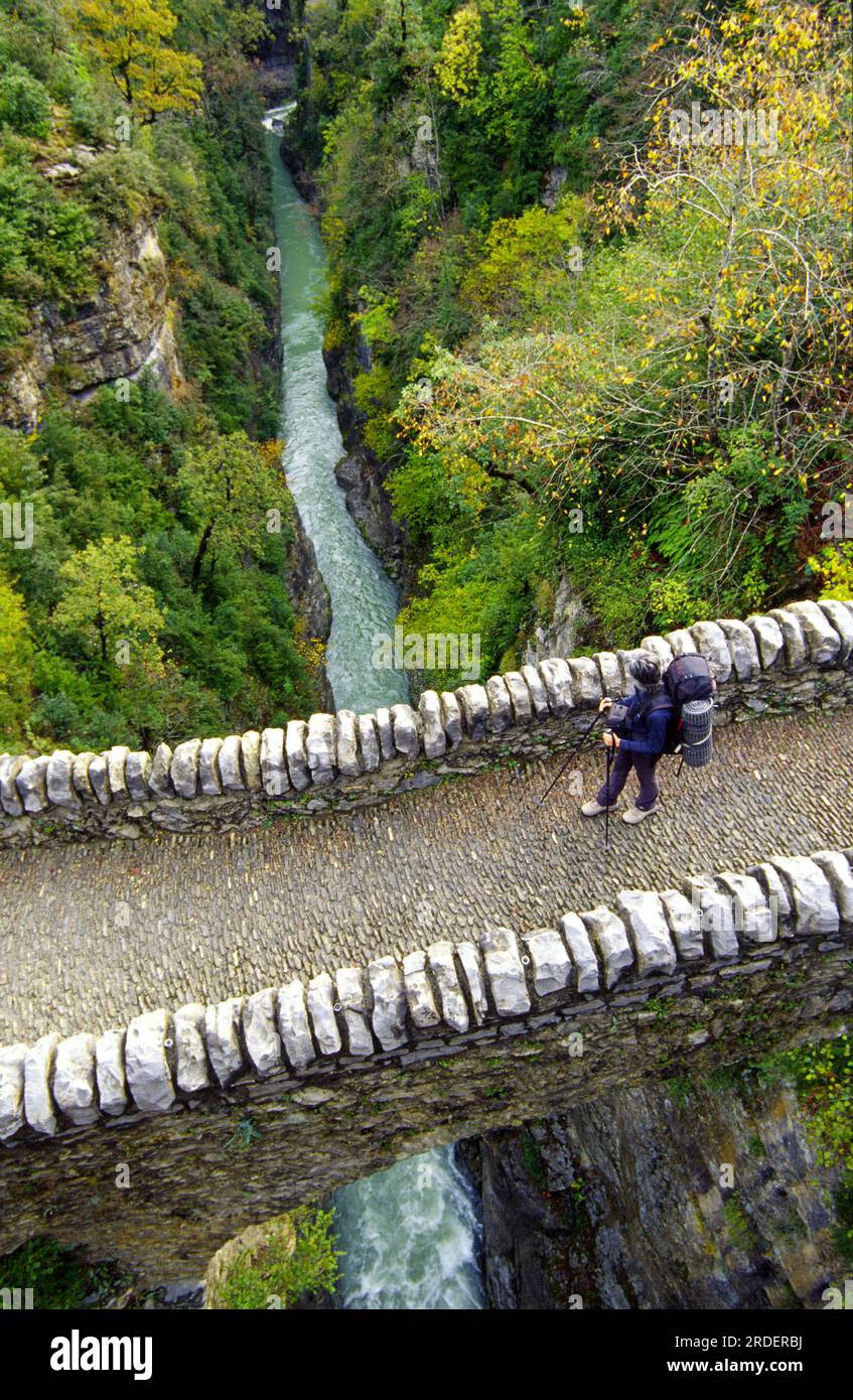 Puente romanico sobre el rio Bellós.Valle de Añisclo.Huesca.Cordillera pirenaica.España. Stock Photo