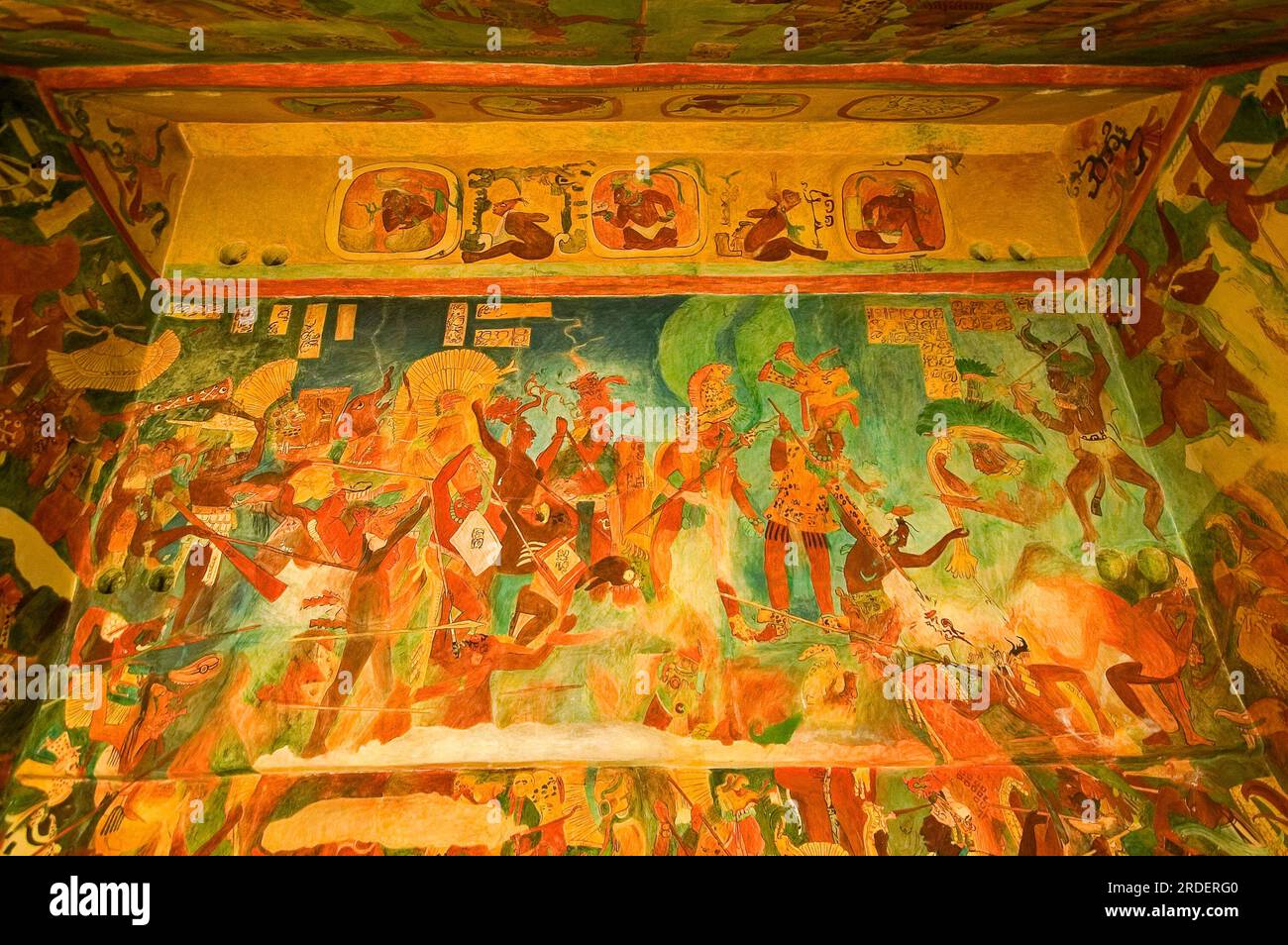 Wall decorated with frescoes in room nº.2.Maya.Original mural painting by Bonampak. Museo Nacional de Antropologia. State of Mexico D.F. Mexico. Stock Photo