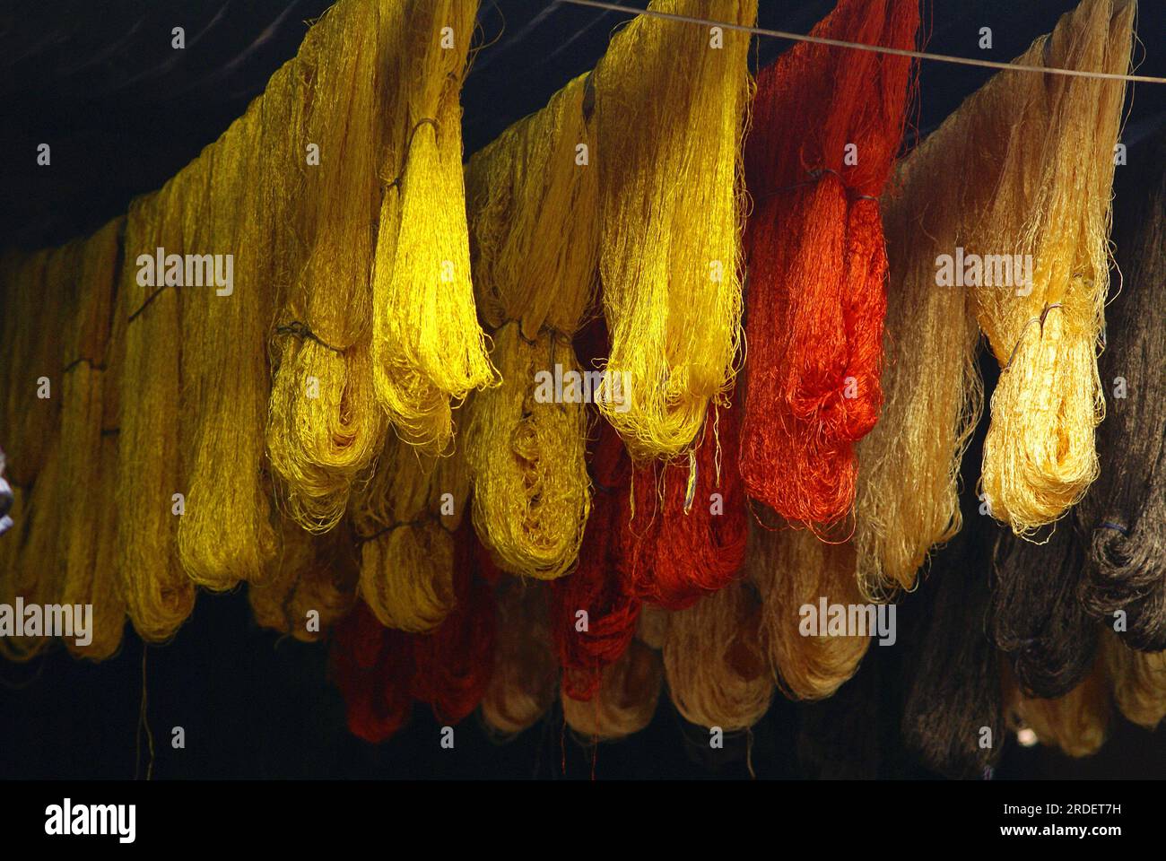 Dyed wool skeins. Souk of the dyers. Marrakech. Morocco. Maghreb. Africa. Stock Photo