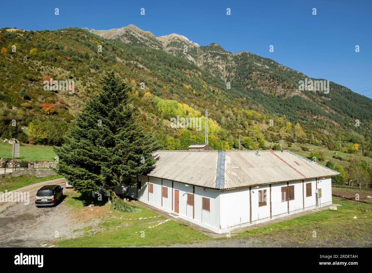 Camp/house of Colonias L'Estel, Aneto, municipality of Montanuy, Ribagorza, province of Huesca, Aragon, Pyrenees mountain range, Spain Stock Photo