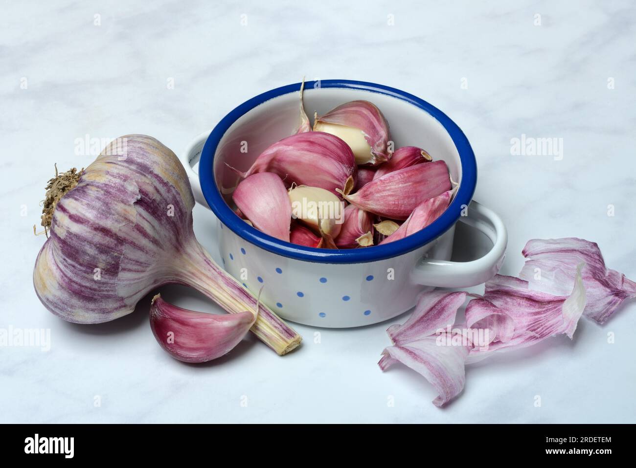 Fresh, red garlic cloves in pots, garlic (Allium cepa), France Stock