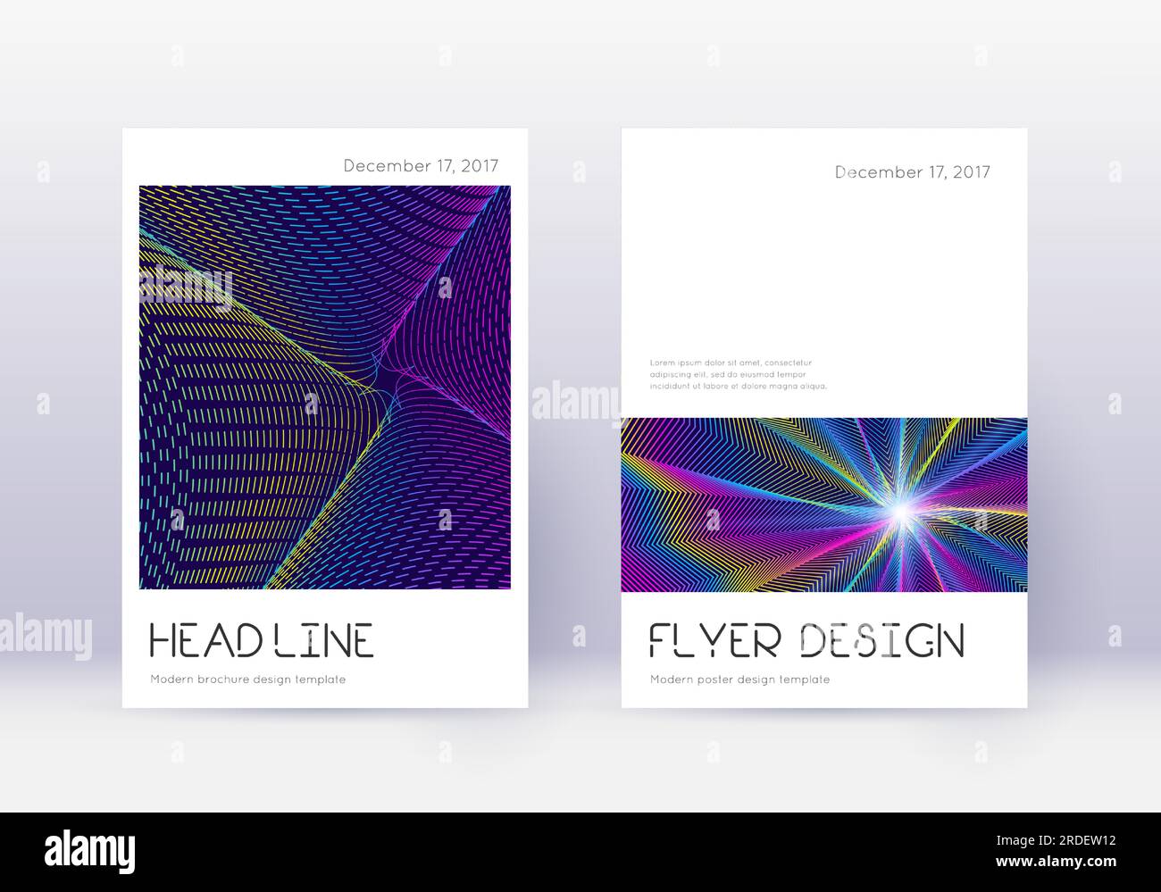 Minimal cover design template set. Rainbow abstract lines on dark blue