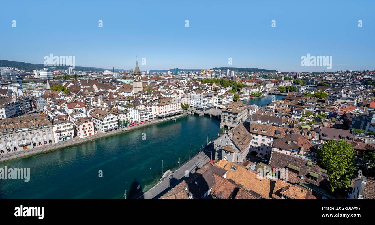 View over the old town of Zurich with the river Limmat, from the tower of the Grossmuenster, Zurich old town, Zurich, Canton Zurich, Switzerland Stock Photo