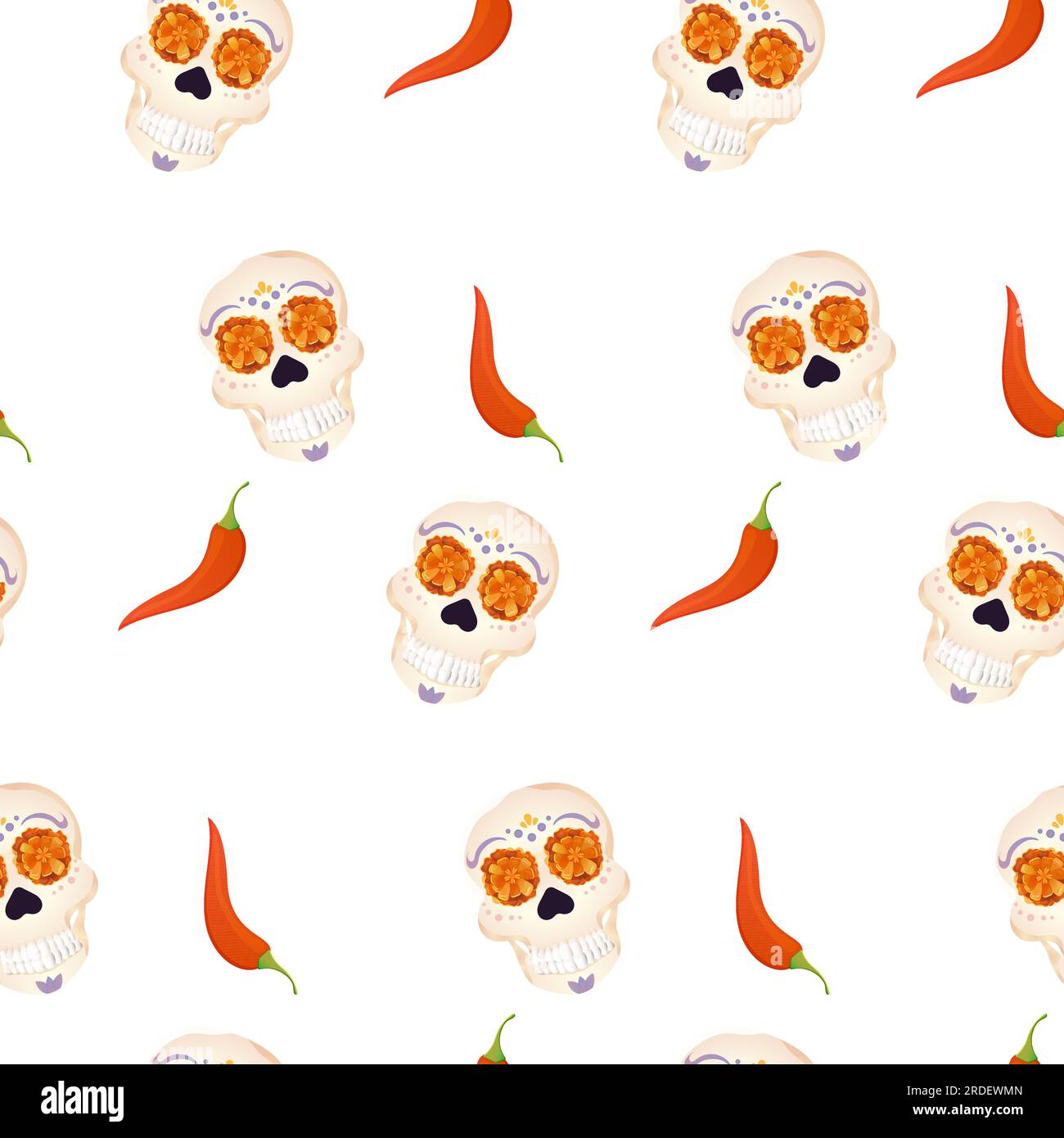 Seamless saint death day pattern sugar skull and chilli peppers Stock Vector